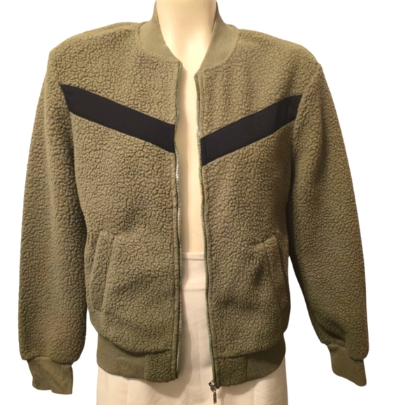 ZYIA ACTIVE Flying V Teddy Bear Fleece Zip Jacket Olive Green And Black X Small - Picture 4 of 12